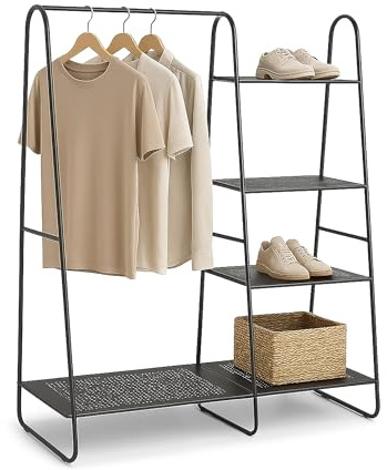 Relaxdays Klädställ metall, 5 hyllor, klädstång hall, H x B x D: 150 x 100 x 39 cm, garderobsställ öppen, svart