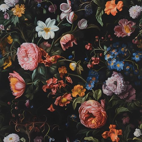 VEELIKE Retro Tapete Blumen Dunkle Blumentapete Vintage Mustertapete Moody Rosen Fototapete Selbstklebende Tapete Art Deco Wohnzimmer Schlafzimmer Badezimmer Mieterfreundliche 44.5 cm × 300 cm