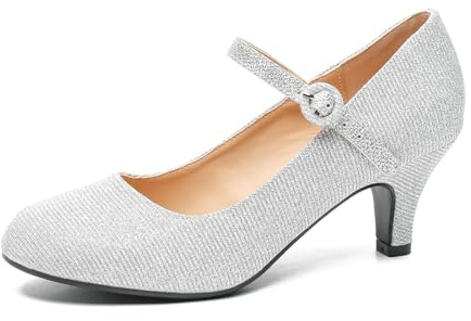 Women's Vintage Mary Jane Shoes Dress Comfortable Low Kitten Heels Ankle Strap Closed Round Toe Office Work Wedding Pumps Silver Glitter US 8