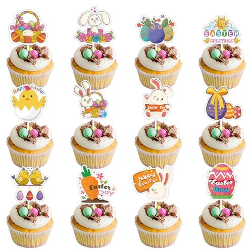 Zanthicia 12pcs Happy Easter Cake Decorations Chicken Carrot Cake Topper For Cafe Party Accessories Paper Easter Egg Topper