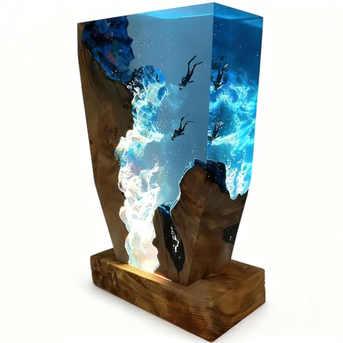 Jatwefiv Marine Statue Dekoration Lampe 3D Epoxidharz Ozean Taucher Nachtlicht mit USB Kabel mit Holzsockel für Heim Büro Deko Weihnachten Geburtstag Geschenke,22 * 17