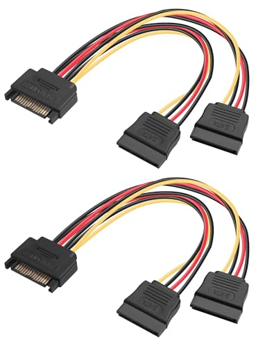 ELFJMZP SATA 15 Pin Stromverteilerkabel 1 Männlich auf 2 Weiblich, 18AWG verzinntes Kupfer 20cm Y-Verteiler für HDD SSD NAS DVR Festplatten-Erweiterung, 2 Stück Schwarz