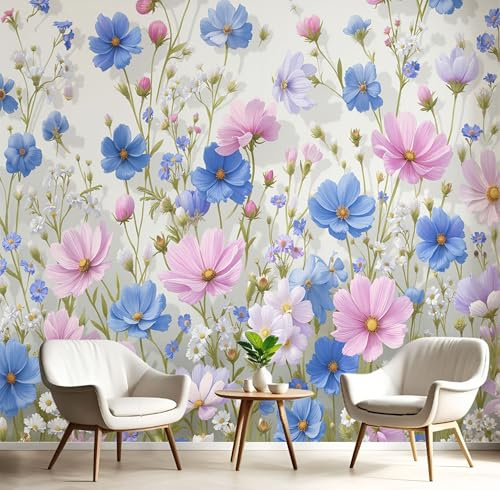 Carta da Parati Prato Fiorito Lussureggiante - 200x140cm - Fotomurali Decorazione Murale Fiori Di Campo Ad Acquerello Poster Gigante XXL Decorazione da Muro per Soggiorno Camera Da Letto Bagno, Blu