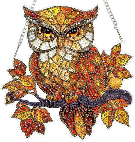 MXJSUA Diamond Painting Buntglas Eule Anhänger Erwachsene, Diamantmalerei-Fensterbilder Doppelseitig, Diamond Painting Türschild zum Aufhängen für Wand Und Eingang Decor Geschenk 20x20cm