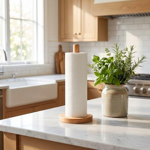 BXUUXA Soporte Rollo Papel Cocina de Madera,Portarrollos de Cocina Ecológico de Madera de Caucho con Base Estable Antideslizante,Portarrollos Cocina de Pie para Encimera para Cocina,Inodoro,Hogar