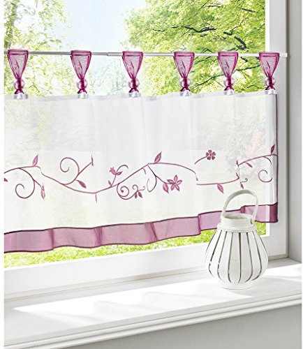 SIMPVALE 1 Stück Gardine mit Schlaufen Blume Bestickt Cafe kurz Vorhänge Küche Vorhang Querbehang (Violett, Breite 90cm/Höhe 60cm)