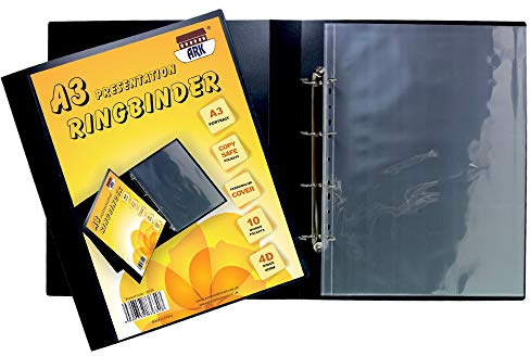 Ark- Raccoglitore ad anelli, formato A3, verticale, con 4 anelli a D, con 10 buste, colore nero