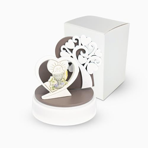 Albalù Bomboniera Comunione Carillon Musicale Albero della Vita in Legno con Calice Eucarestia, Misura 9,5x12 cm, Idea Bomboniera Made in Italy
