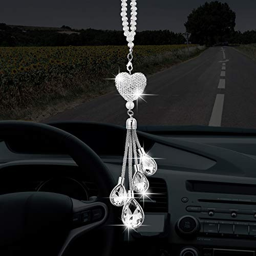 Frienda Bling Car Rear View Mirror Accessories for Women Gift Cute Heart Crystal Hanging Charm Diamond Decoration Lucky Interior Ornament Pendant(9.8 Inch,White)
