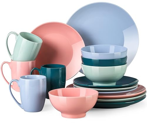 Lovecasa Series Sweet, Porcelain Dinner Service, 16-Piece Combination Service, Blue/Pink, Dinnerware Set for 4 | Dinner Plates, Cups, Dessert Plates & Bowls