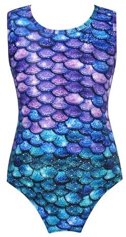 TiaoBug Mädchen Meerjungfrau Badeanzug Bikini Schwimmanzug EIN-Schulter mit Rüschen Kinder Bademode Beachwear 98 104 110 116 122 128 134 140 146 152 158 164 176 Blau Fisch D 170-176