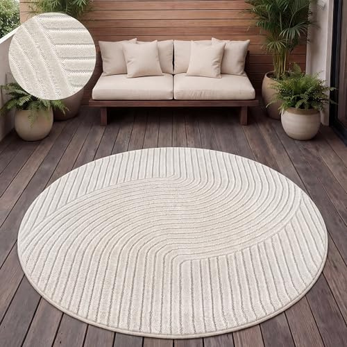 Paco Home Teppich Outdoor Wetterfest, Moderne abstrakte Boho Designs mit 3D Struktur, Pflegeleicht, ideal für Terrasse Wohnzimmer & Küche, Grösse:160 cm Rund, Farbe:Creme 2