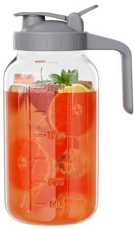 Glass Mason Jar Pitcher, 64 oz Wide Mouth Jug with Pour Spout Handle Lid for Cold Brew Coffee, Ice Beverage, Iced Juice, Lemonade, Sun Tea, Fruit Drinks Container(Gray)