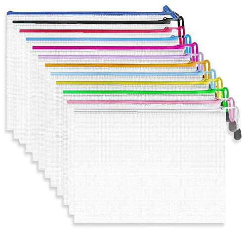 A4 Plastic Zip Wallets Folders - Mesh Zipper Pouch Document Bag - A4 Zipper File Bags for School & Office Supplies (10 Colors, 10 Pcs) by WJAJOY