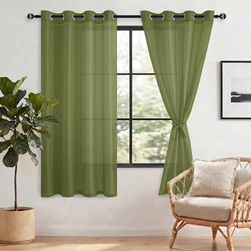 DWCN Green Sheer Curtains with Tiebacks Semi Transparent Voile Grommet Curtains Elegant Window Curtains for Bedroom and Living Room,2 Panels,W56 x L54