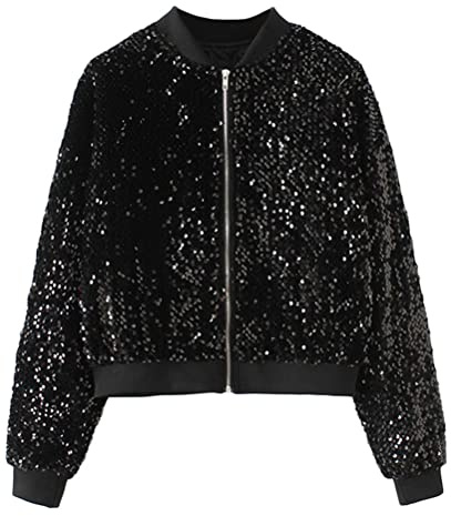 ORANDESIGNE Baseball Jacke Damen Pailletten Reißverschluss Langarm Jacken Frühling Herbst Kurze Jacke Outwear mit Taschen Frauen Retro Casual Baseball Bomberjacke Bikerjacke Übergangsjacke