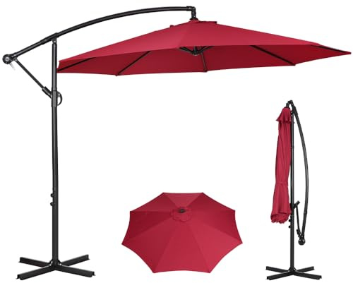 Panana 3M Cantilever Garden Parasol, Outdoor Banana Hanging Umbrella with Crank Handle and Tilt, UV Protection Sun Shade Canopy Offset Parasol for Poolside, Deck, Patio and Balcony (Red)