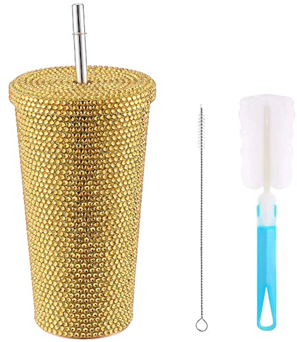 Dubbade Diamantglas 500 ML Isolerade Koppar med Dubbla Väggar med Sugrör och Borstar, Bling Rhinestone Resemugg för Kvinnor Present(Guld)