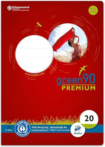 Staufen premio Schulheft - 2 Hefte je 32 Blatt, DIN A4, Lineatur 20 (blanko), 90 g/m² Recyclingpapier, runde Ecken verhindern „Eselsohren“