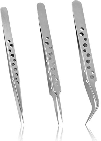 3PCS Precision Tweezers Set, Anti-Static Stainless Steel Tweezers Professional Pointed, Straight Tip and Curved Fine Tip Tweezers Set for Eyelash Extensions Electronics Soldering Jewelry Craft