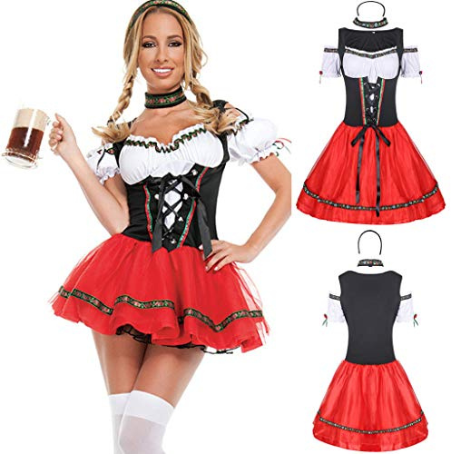 Yellsong Women's Oktoberfest Costume Set - Adult Ladies Oktoberfest Beer Festival Girl 3 Piece German Dirndl Dress Costumes Bavarian Traditional Dress Outfits (Red, XL)