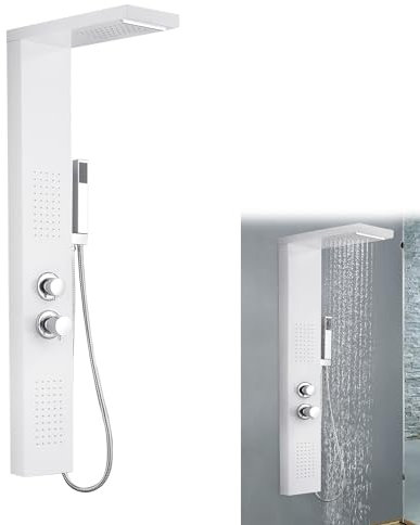 Suusolny 5-in-1 Duschpaneel Duschsystem Dusche Regendusche Set Multifunktional Duschset 304 Gebürstet Edelstahl mit Handbrause Regendusche Massagedusche & Wasserfalldusche für Badezimmer Weiß