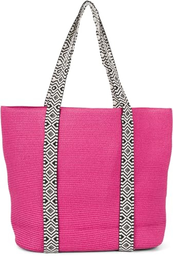 styleBREAKER Damen Schultertasche Papierstroh Azteken Muster | 50x37x13 cm geflochtenes Hauptfach mit Reißverschluss, weiches Stoff-Innenfutter. Feste Tragehenkel. Geräumiger Boho-Shopper.