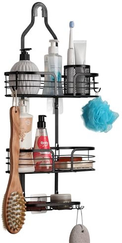 BELLE VOUS Estantería de Ducha Colgante - Estanteria Jabonera de Metal con Ganchos para Colgar - Estante Cesta para Accesorios de Baño Sin Taladro - Soporte Colgador Organizador