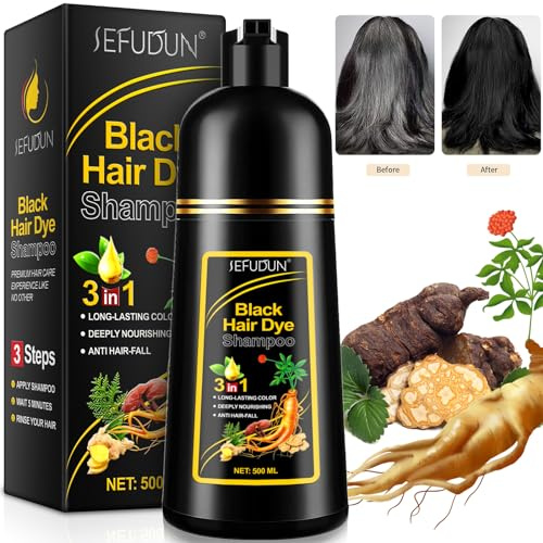 Natürliches Schwarzes Haarfärbeshampoo 3 in 1 Sofort Haarfarbe für Graues Haar - 100% Grauabdeckung Black Hair Shampoo für Frauen und Männer - Hält 30 Tage, 500ml