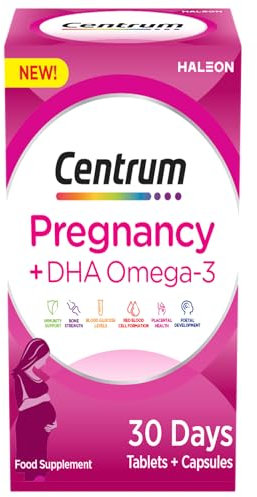 Centrum Pregnancy Vitamins for Women, Pregnancy Vitamins with DHA, Omega 3 and Folic Acid, 60 Count, 30 Day Supply