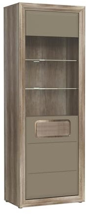möbelando Glasvitrine >TIZANO< LED, in Eiche Antik Dekor/Beige Glanz - 74x203,5x41,3cm (BxHxT)