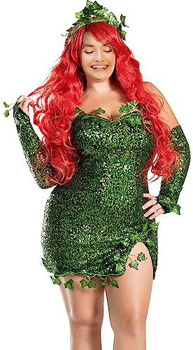 Costume da fata verde da donna, per Halloween, cosplay, con foglie di paillettes, senza spalline, vestito da principessa, con guanti, copricapo (A-a-Verde, L)