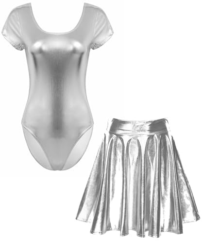 Damen Metallic Body Ballett Tanz Gymnastik Turn Anzug Trikot | Kurzarm Rundhals, mit Glänzend Skater Glocken Swing Eiskunstlauf Rock