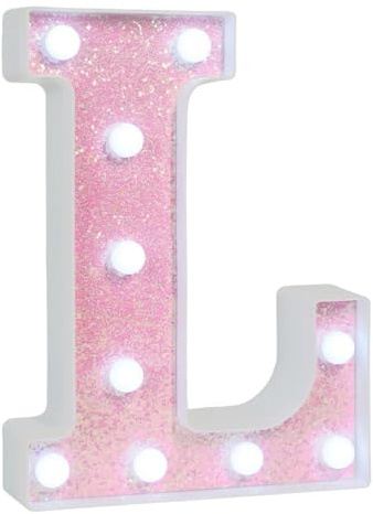 EUFONY Pink Glitter Marquee Light Up Letters, Battery Operated LED Letter Lights Signs for Pink Birthday Party Table Decorations, Wall Decor for Girls Bedroom, Initial Letter L with Cool White Lights