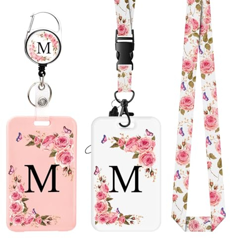 2 pièces Porte Badge avec Lettres A-Z, Lanière Détachable et Clip Rétractable, Porte Cartes Personnalisé avec Enrouleurs de Badge pour Femmes Infirmières Enseignants Étudiants Bureau (M)
