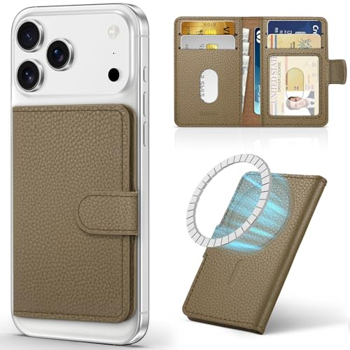 SHIELDON für MagSafe Wallet, Echtleder Phone Geldbörse, Litschi Khaki | Magnetverschluss, Abnehmbare, 6 Kartenfächer, Minimalistisch, RFID Blocker, Kompatibel für iPhone 17/16/15/14/13/12 Serie