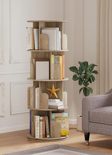 Suuiwau 360° Drehbares Bücherregal, 4-Stöckiges bücherregal Kinder drehbar Stehend Holz Eck-Bücherregal für Wohnzimmer Büro Schlafzimmer(Farbe Eiche)