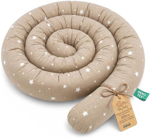Totsy Baby Cojín Serpiente XXL Almohada de Cama Cojín de Lactancia Rollo de Cama Protector de Borde de Cama Cojín Decorativo Alrededor de Cama Serpiente XL Beige con Estrellas Blancas 200 cm Oeko-Tex