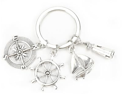 Schlüsselanhänger, nautisches Thema, Kompass, Segelboot, Leuchtturm-Anhänger, Schlüsselanhänger für Reiseliebhaber, Geschenk für Abenteurer, Geschenk für Freunde, silber, Small