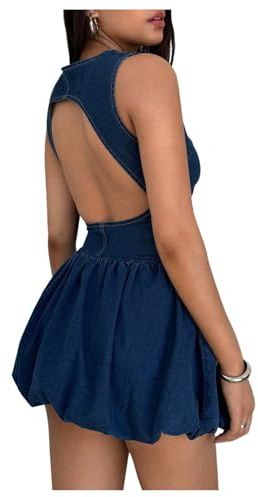 GORGLITTER Women's Denim Bubble Dress Cut Out Backless Sleeveless A Line Mini Summer Vacation Dresses Blue Large
