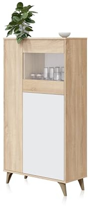 duehome | Vitrina con 3 Puertas, Bueffet para salón, Modelo Lira, Acabado en Blanco Artik y Roble Canadian, Medidas: 77 cm (Ancho) x 142 cm (Alto) x 33 cm (Fondo)