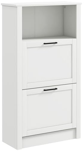 HOMCOM Modern Shoe Cabinet with 2 Flip Drawers and Adjustable Shelves, Narrow Shoe Storage Cabinet with Open Compartment, Holds 10 Pairs for Entryway, Hallway, White