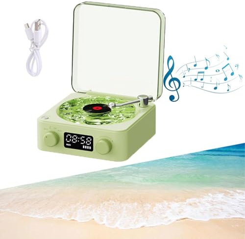 Reproductor de vinilo retro tocadiscos altavoz Bluetooth con luces ajustables y sonidos de la naturaleza para dormitorio, fiesta al aire libre