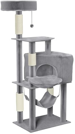 FIVMEN Kratzbaum Groß 134 cm Hoch Katzenbaum Katzenkratzbaum Grau mit Kratzsäulen, Katzenhöhle, Korb, Hängematte, Sisal-Seil Plüsch Katzenmöbel Kletterbaum für Katzen, 55,5x39x134 cm