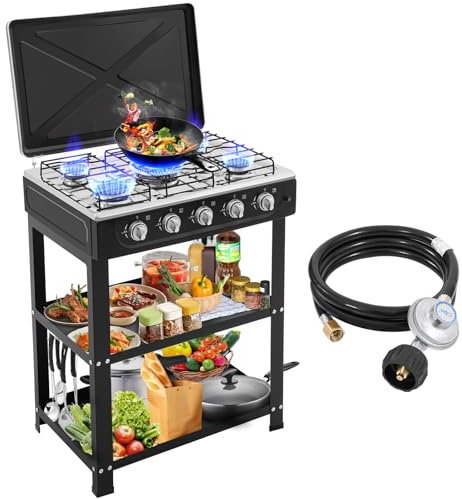 Réchaud de camping au propane 5 brûleurs - Noir - Plaque de cuisson à gaz autonome - 5 feux - Allumage manuel - Portable de qualité supérieure - Pour extérieur, camping, camping-car