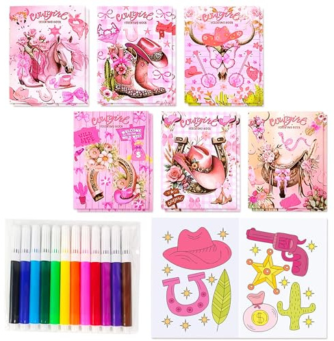 LaVenty Färbung Bücher Bulk Rosa Pony Cowgirl Pferd Party Fillers | Färbung Bücher Bulk Rosa Pony Cowgirl Pferd Party Fillers mit Stiften kleine Aktivität Bücher mit Pony Cowgirl Pferd Party