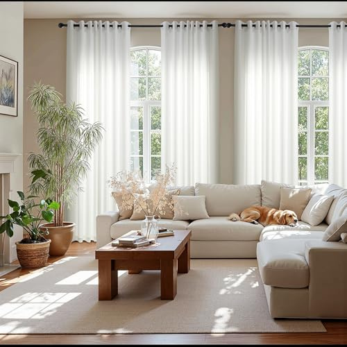 PONY DANCE Gardiner för vardagsrum Vit Halvtransparent Ösenschal i set om 2 H 220 x B 140 cm Vita gardiner Genomskinliga Semi-Sheer Gardiner med Ösen för Vardagsrum