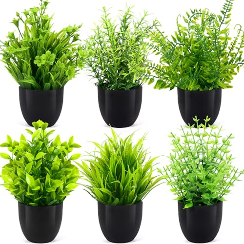 TEBOKHAD 6 Stück Mini Künstliche Pflanzen,Kleine Kunstpflanzen im Topf,Plastik Pflanze Klein,Künstliche Pflanzen Mit Topf,Fake Plant Für Schlafzimmer Badezimmer Küchen Zuhause Innen Deko