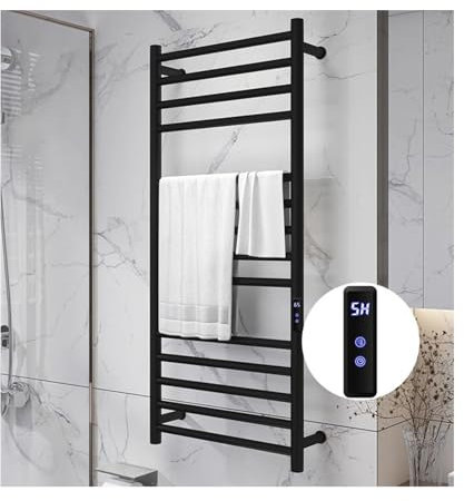 LYMGRZ Scaldasalviette Elettrico da Parete, portasciugamani in Acciaio Inox a 14 Barre, scaldasalviette per Bagno con Timer, Temperatura costante, Display LCD, Nero, Spina.