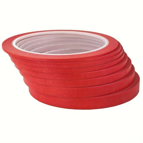 JINBING Lot de 8 rubans de masquage en papier à rayures fines pour nail art, dessin, peinture, 2 mm – 10 mm x 25 m (rouge)
